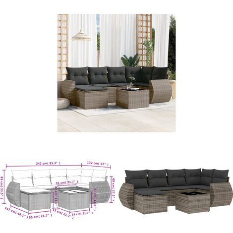 7-tlg. Garten-Sofagarnitur mit Kissen Grau Poly Rattan - Gartenmöbel Set - Outdoor Möbel - Rattan Gartenset - Lounge Set - Esstisch Set - Home & Living (1/3)