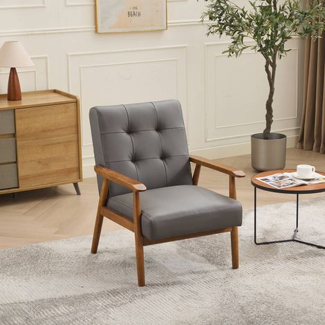 Fauteuil lounge cuir véritable avec accoudoirs noyer et pieds bois hévéa, confortable pour salon (1/5)