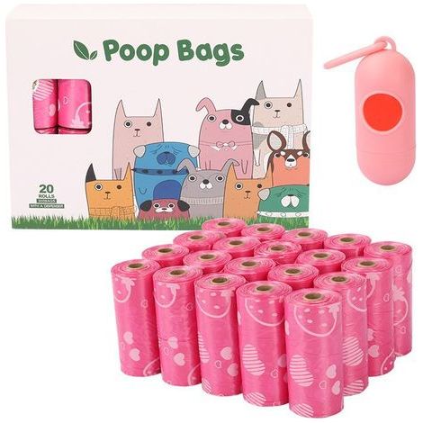Sacs poubelle biodégradables pour animaux, conditionnés en rouleaux de 20, motif cœur rose, sacs poubelle pour chiens d'extérieur, sacs poubelle pour chiens (roses) avec distributeur de sacs poubelle (1/5)