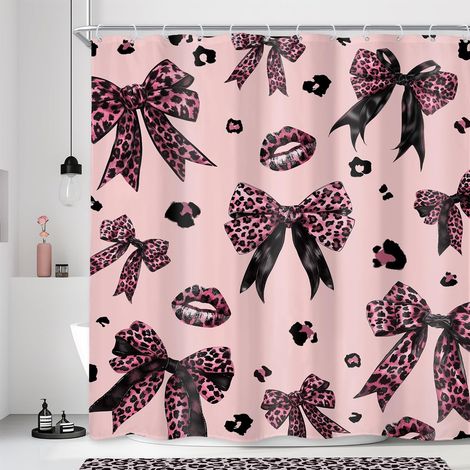 Rideau de douche imprimé léopard rose 60Px72L pouces, lèvres en arc, style girly, guépard, moderne, à la mode, joli, esthétique, ensemble de salle de bain pour femmes, décoration de bain (1/5)