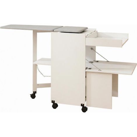 Table à repasser escamotable avec roulettes, meuble de rangement à portes push-open et charnières à fermeture douce, pliable et pratique. (1/5)