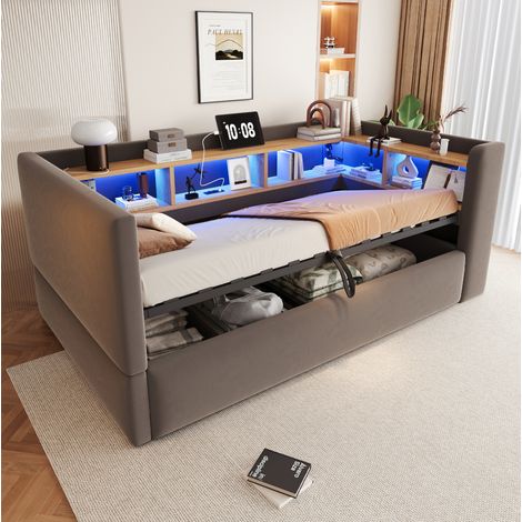 Canapé-lit 90x190 cm en tissu gris foncé avec LED, prises et rangement intégré pour studio – MEUBLIV (1/5)