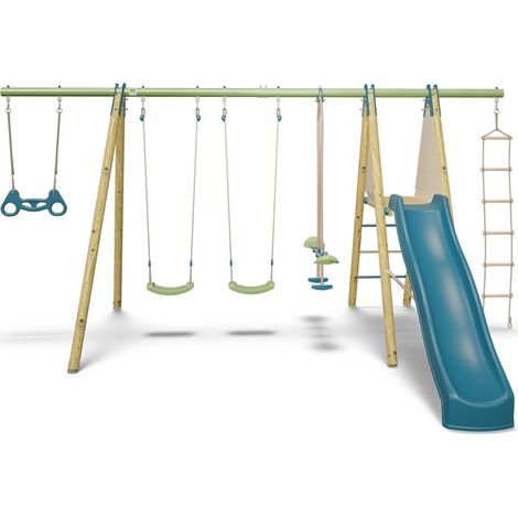 Balançoire en bois poutre métal Techwood MAKUTA 2 - 2,30 m avec toboggan 8 enfants