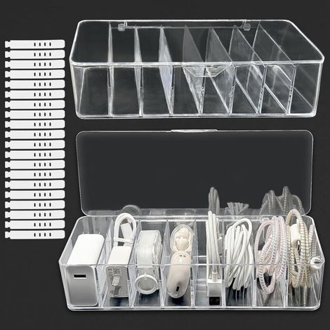 Lot de 2 boîtes de Rangement de câbles Transparentes avec 8 Compartiments et 20 Attaches de câble, Boîte de Rangement Charge (1/4)