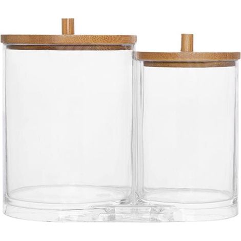 Pot de rangement 2 en 1 en acrylique de qualité supérieure pour cotons-tiges, avec couvercle en bambou (1 pièce). (1/5)