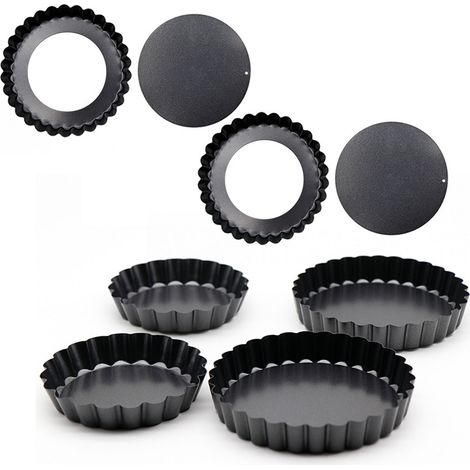 Lot de 6 moules à tarte à fond amovible, revêtement antiadhésif, acier au carbone noir, moules à quiche pour la cuisine (1/5)