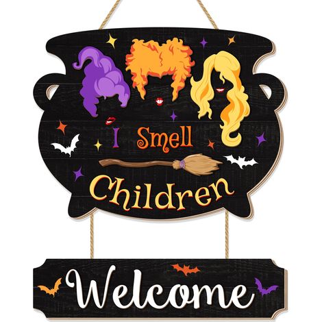 Décoration murale en bois noir inspirée d'Halloween et d'Hocus Pocus : panneaux suspendus « Je sens les enfants » et « Bienvenue », style sorcière, pour porte d'entrée, fête ou décoration murale.