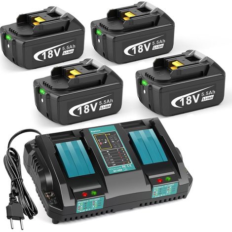 4 Batteries de 5,5 Ah et Chargeur 2 Ports pour Makita LXT, kit de Chargeur Rapide 18V DC18RC Compatible avec Toutes Les Batteries Makita 14,4 V-18 V BL1815 (1/5)