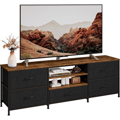 Meuble TV en Bois avec 5 Tiroirs et Étageres Ouvertes,Banc TV Noir pour Teléviseur jusqu'à 65 Pouces,Meuble Télé Industriel pour Salon et Chambre (1/5)