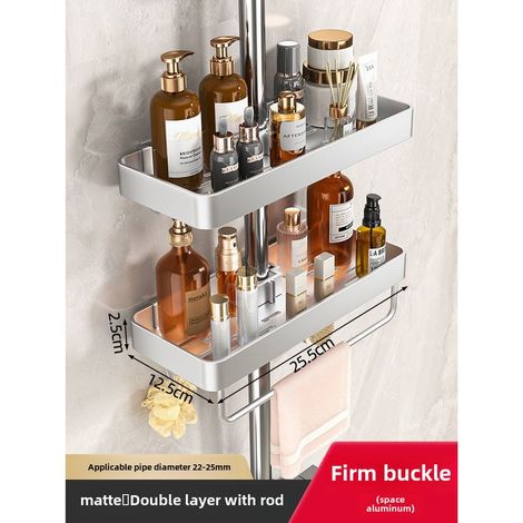 Receveur de douche double couche mat avec barre, sans perçage, support de barre de douche intégré, ventouse puissante (1/5)