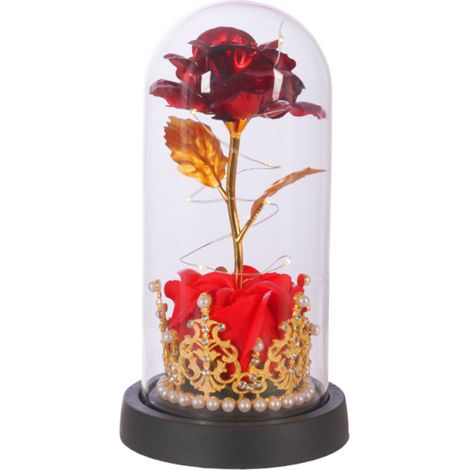 Rose Eternelle - Cloche En Verre Borosilicate - Lumiere Led Integrée - Couronne Dorée Avec Cristaux - Cadeau Pour Fete Des Meres - 1 Piece
