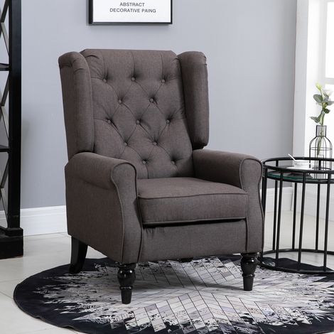 Fauteuil, fauteuil à oreilles avec accoudoirs, fauteuil lounge avec coussins, capitonné, dossier haut, fauteuil avec pieds en bois, fauteuil inclinable pour salon, chambre, marron