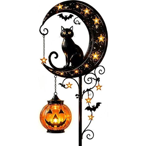 Piquet Solaire de Jardin Halloween en Métal, Chat Noir, Citrouille et Lune, Lampe LED étanche pour Extérieur, Pelouse, Allée, Cour et Terrasse (1/5)