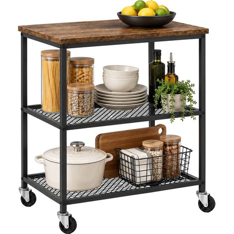 Relaxdays Küchenwagen, 3 Ebenen, mit Nivellierfüße, Rollwagen Küche, Haushalt, Büro, Metall, Servierwagen, schwarz/braun (1/5)