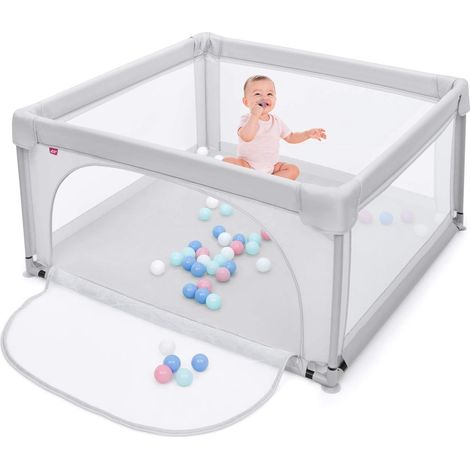 COSTWAY 120 x 120cm Baby Laufstall mit 50 Spielbaellen, Laufgitter mit atmungsaktivem Netz und Reissverschluss, Krabbelgitter mit Tür, Laufgitterzelt für Saeuglinge und Kleinkinder Grau