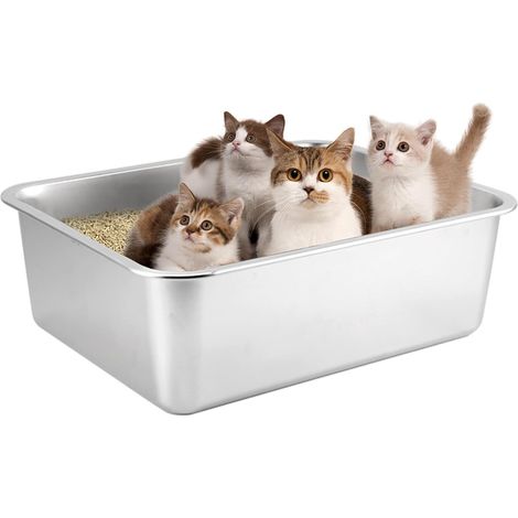 Cat Litter Tray XXL 50 x 35 x 15 cm Large Cat Litter Tray Odourless Rustproof Smooth Surface Non-stick Large Capacity for Easy Cleaning (Stainless Steel, 50 (1/5)