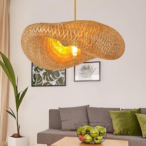 GROOFOO Suspension en Bambou Tressé,Abat-Jour en Forme de Nid d'Oiseau avec Cordon Réglable,Ampoule et Plateau Supérieur,Pour Salon,Salle à Manger,Décoration Moderne et Rustique 50x25x20cm