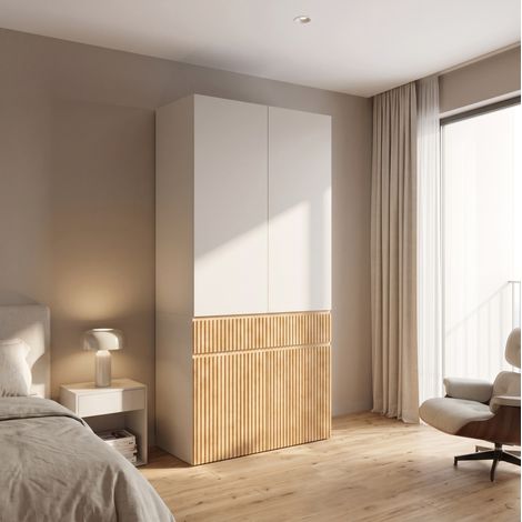 MODFU – Armadio 90x50x200 cm in MDF con 4 ante, appendiabiti, cassetto e vani contenitore – Grigio/rovere (1/5)