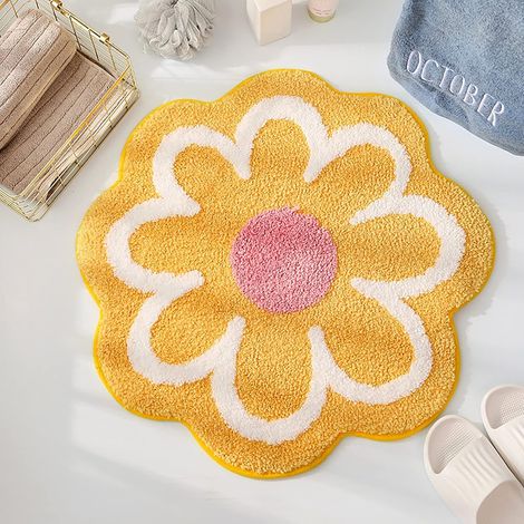 KOWOLL Tapis de bain Daisy Cute, imitation cachemire, en forme de fleur, lavable, pour douche, baignoire ou chambre (Jaune) (1/3)