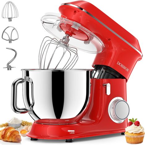 1500W Pastry Mixer with Whisk, Beater, Hook, Stainless Steel Bowl, 7 Speeds Low Noise Electric Pastry, Dishwasher Safe (Black) (Red) (1/5)