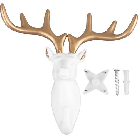 Crochet mural tête de cerf doré, forme animale en résine, patère décorative pour manteau serviette clé, accroche design peint or. (1/5)