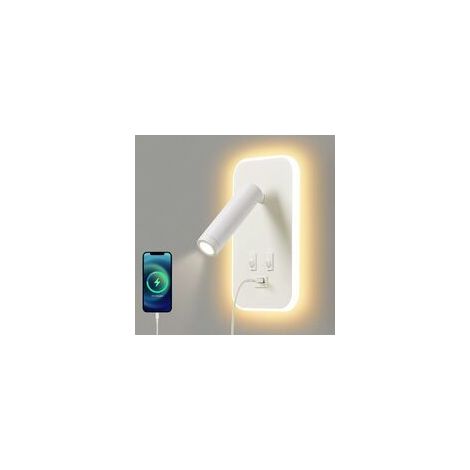 LED-Wandleuchte, Nachttischlampe mit Schalter, USB-Ladeanschluss, dimmbare Stimmungsbeleuchtung für Schlafzimmer (natürliches Licht 3 W + warmes Licht 10 W) Weiß (1/4)