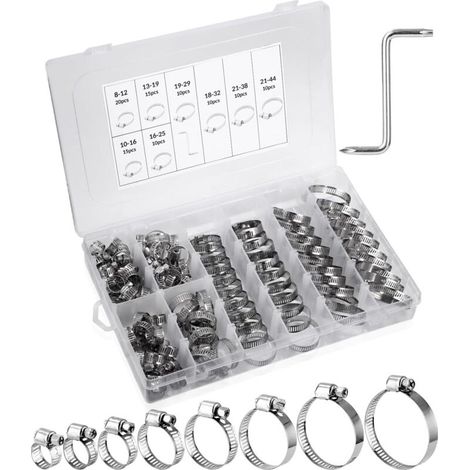 100 Adjustable Hose Clamps, Stainless Steel Hose Clamps, Hose Clamps, 8 Sizes 8-44mm, Hose Clamps for Water Pipes, Pipes, Cars and Machinery (1/5)