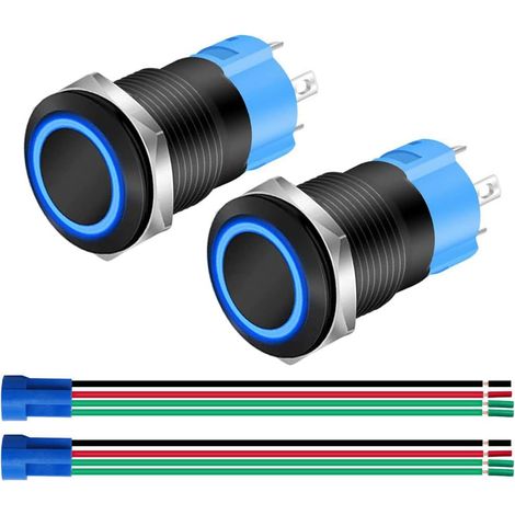 2pcs 0.47 Pouce/12mm Métal Noir Bouton Poussoir Momentané 12V-24V 3A LED Normalement Ouvert SPST Allumé/éteint Étanche avec Prise de Fil (LED Bleue) (1/5)