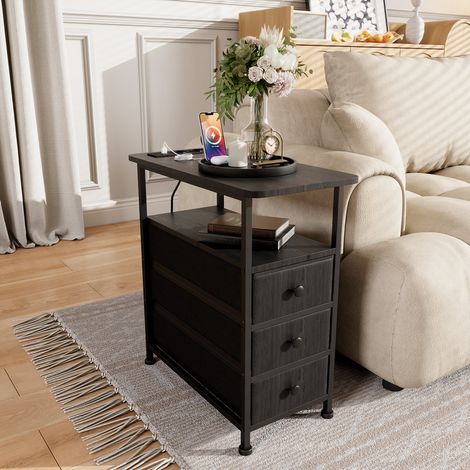 Beistelltisch 3 Schubladen,Nachttisch mit Steckdosenleiste Sofatisch Beistelltisch Couchtisch Wohnzimmertisch Nachttisch für kleine Räume Schmaler Beistelltisch Wohnzimmer Schlafzimmer,Schwarz (1/5)