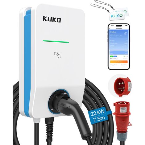 Station de recharge KUKO–Chargeur portable 22 kW pour voitures électriques–Wi-Fi et application–Câble de 7,5 m–Universel pour tous les véhicules électriques,compatible avec le protocole standard OCPP (1/5)