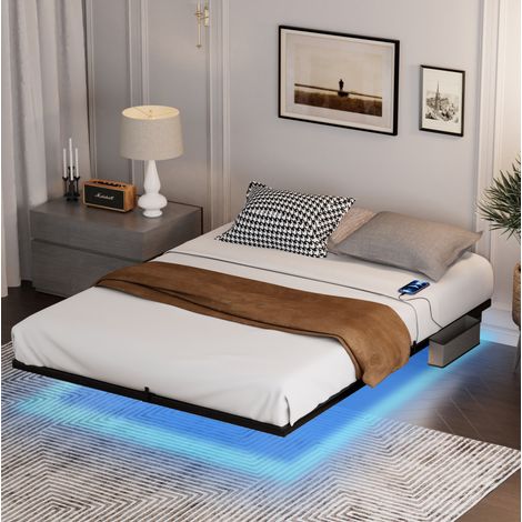 Lit moderne suspendu 160x200 cm en acier noir avec LED, ports USB et Type-C, sommier métallique (1/5)