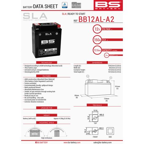 BATERÍA BS BB12AL-A2 (FA) (YB12AL-A2) 12V 12AH 135X81X161 SIN MANTENIMIENTO - INUNDADA (150A) (5)