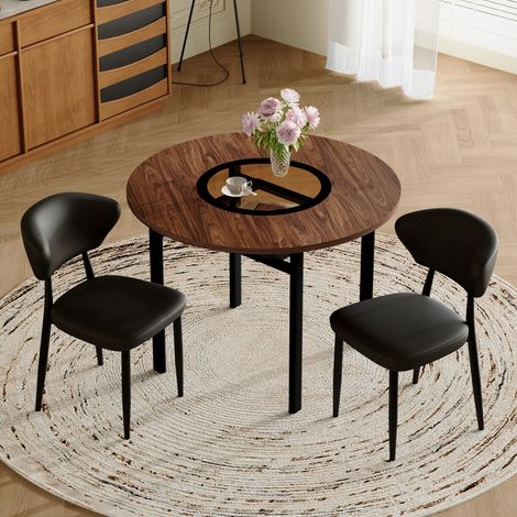 Set tavolo da pranzo 3 pezzi, tavolo rotondo 100x100x76 cm, con piano in vetro-MDF, 2 sedie imbottita in pelle PU, nero