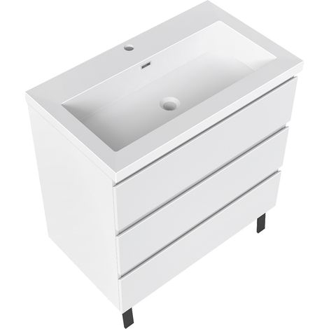 Meuble de Salle de Bain 80cm avec 3 tiroirs + 2 Pieds, Meuble simple vasque, Blanc (1/5)