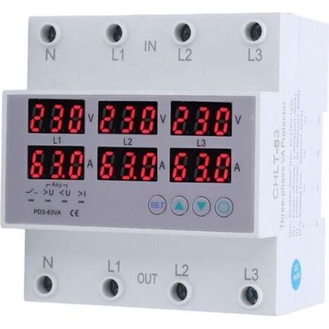 Voltmètre à rail DIN triphasé ampèremètre protecteur de surintensité de surtension automatique AC 390‑500V 63A