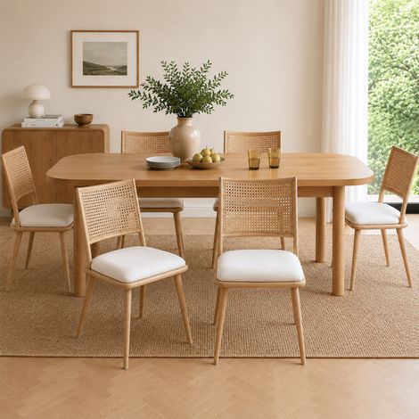 Lot de 6 chaises de salle à manger, assise en polyuréthane, dossier en rotin, pour salon ou chambre, beige. (1/4)