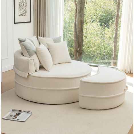 Sillón de lectura redondo con otomana, 5 cojines, fundas lavables, espuma, beige (1/5)