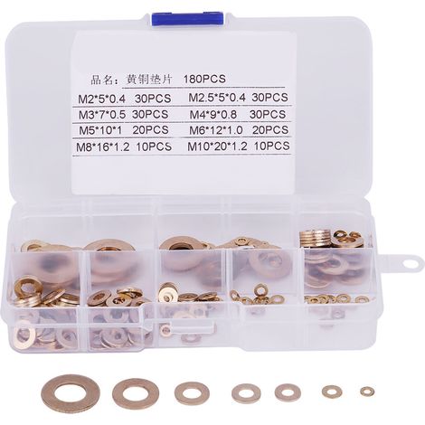 Assortiment de rondelles plates en laiton, 180 pièces, avec boîte M2/M2.5/M3/M4/M5/M6/M8/M10