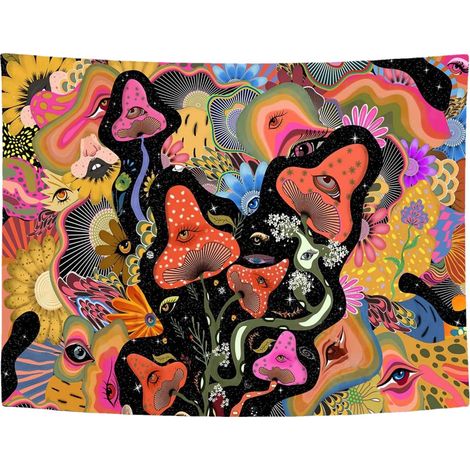 Tapisserie des champignons pour chambre à coucher, fleurs d'été colorées tapisserie hippie (210x150 cm) (1/5)