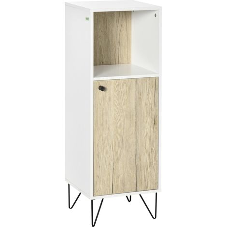 Meuble de salle de bain avec étagère ouverte et placard avec porte, meuble en bois multifonctionnel et peu encombrant, 31,5 x 30 x 91 cm, chêne et blanc