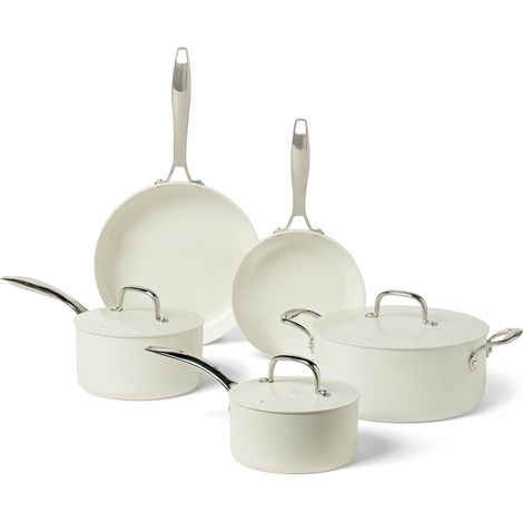 Lot de 8 Casseroles et Poêles Antiadhésives en Céramique, Compatible Lave-Vaisselle et Four, Compatible Tous Feux, Couleur Ivoire (1/5)
