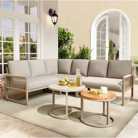 Set di mobili da giardino in metallo e poliestere beige, divano angolare 6 posti con 2 tavolini e cuscini, piedi regolabili (1/5)