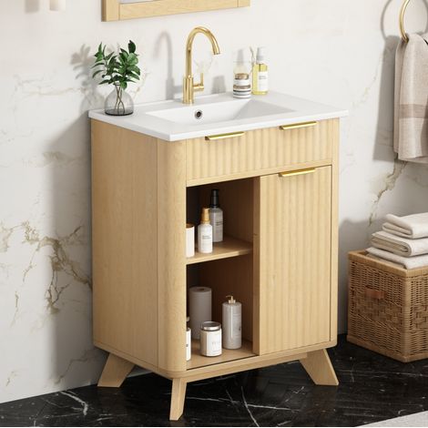 Mobile bagno con lavabo 61 cm, 3 cassetti, porta scorrevole, legno naturale DESVIAE