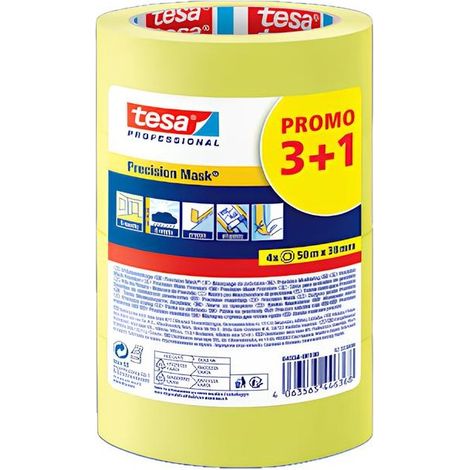 Lote de 3+1 Cinta de Mascarar de Precisión Amarilla Tesa 50m x 38mm - Tesa Construcción