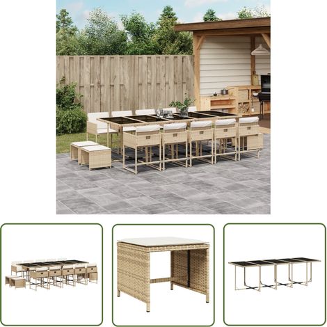 The Living Store 15-tlg. Garten-Essgruppe mit Kissen Beige Poly Rattan - Gartenmöbel Set - Gartentisch - Gartenstühle - Gartenhocker - Rattan Möbel (1/5)