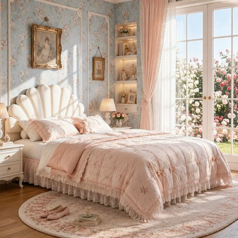 Lit double 140x200 cm velours beige, tête de lit forme coquillage, pieds métalliques coniques dorés, style français (1/5)