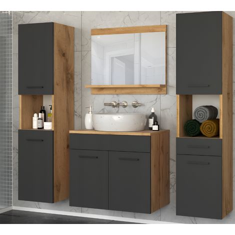 Azura Home Design – Meuble de salle de bain noir mat 60 cm – Panneau stratifié 16 mm – Finitions chêne Wotan – Rangement optimisé et durable (1/3)