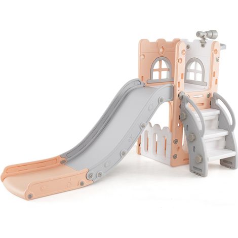 6 en 1 Toboggan Enfant en HDPE avec Panier de Basket & Télescope, Aire de Jeux Intérieure avec Échelle & Espace de Rangement, Rose+Gris, pour 1 Ans+ (1/5)