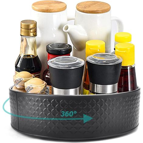 Plateau Tournant Epices, Porte Epices Rotatif Cuisine, Antidérapant Etagere à Epices Rotative en Acier au Carbone, Organisateur Epices pour Épices Bouteilles d'huile Pots (Noir) (1/5)