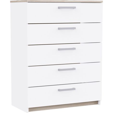 Commode de chambre Watson de style nordique en blanc mat et chêne Kronberg avec 5 tiroirs 80 x 103 x 41 cm (1/5)